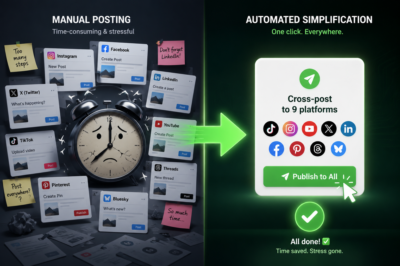 Manual posting to every app versus one-click automated cross-posting