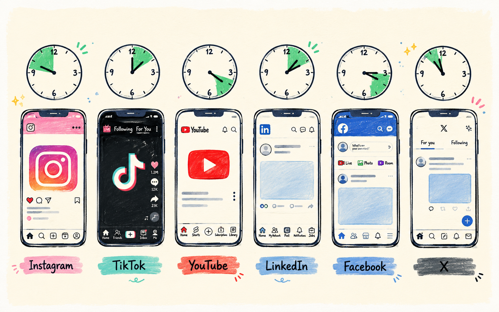 Six platform cards each showing its peak posting window on a clock