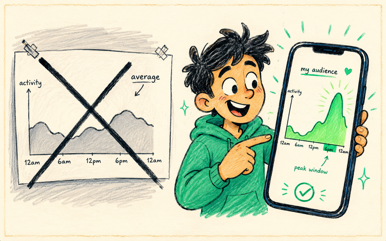 A generic best-time chart crossed out versus a personalised audience-activity curve