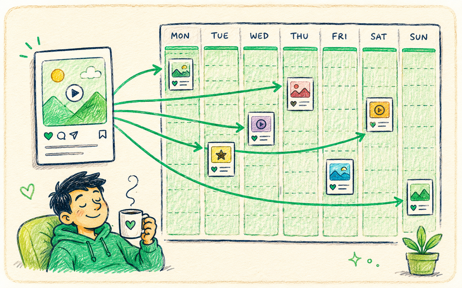 A scheduler queue dropping posts into each platform's peak time across a week