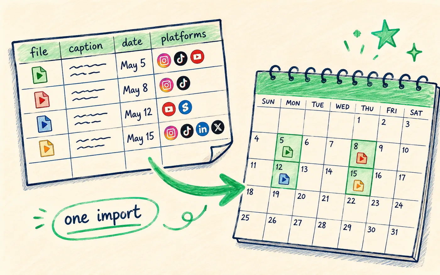 A spreadsheet of files, captions and dates flowing into a monthly calendar of filled slots