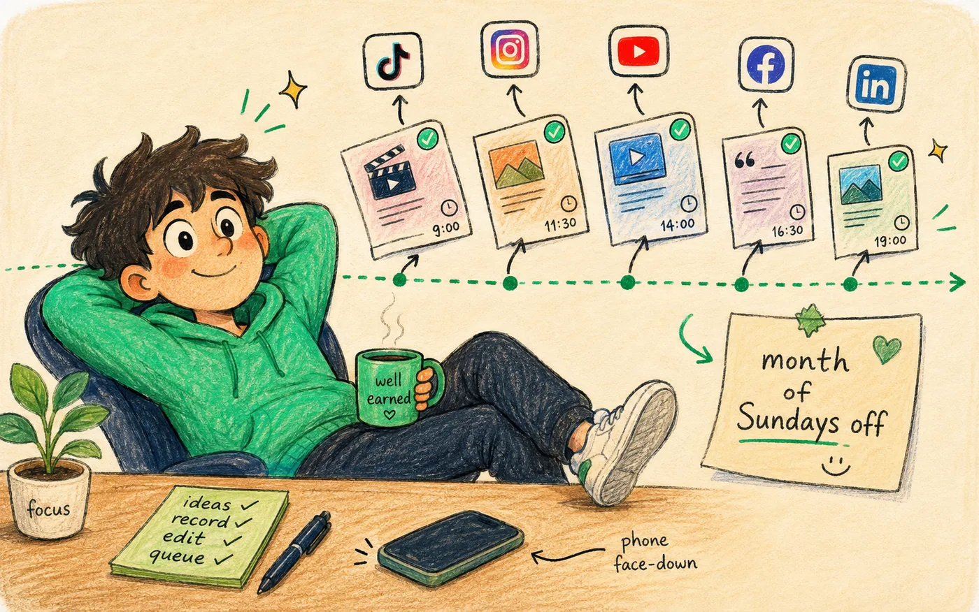A creator relaxing with a mug while a timeline behind them fires posts out to platform frames
