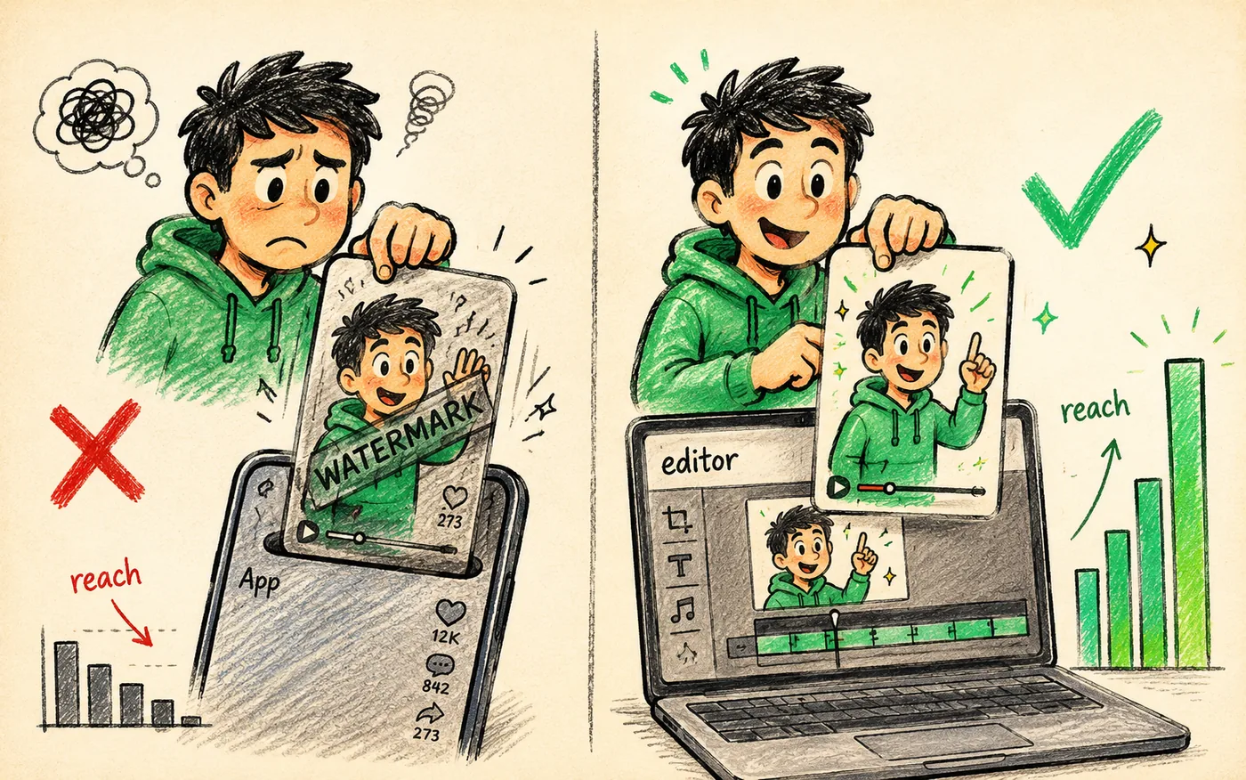 Downloading a watermarked Reel versus exporting a clean file from the editor