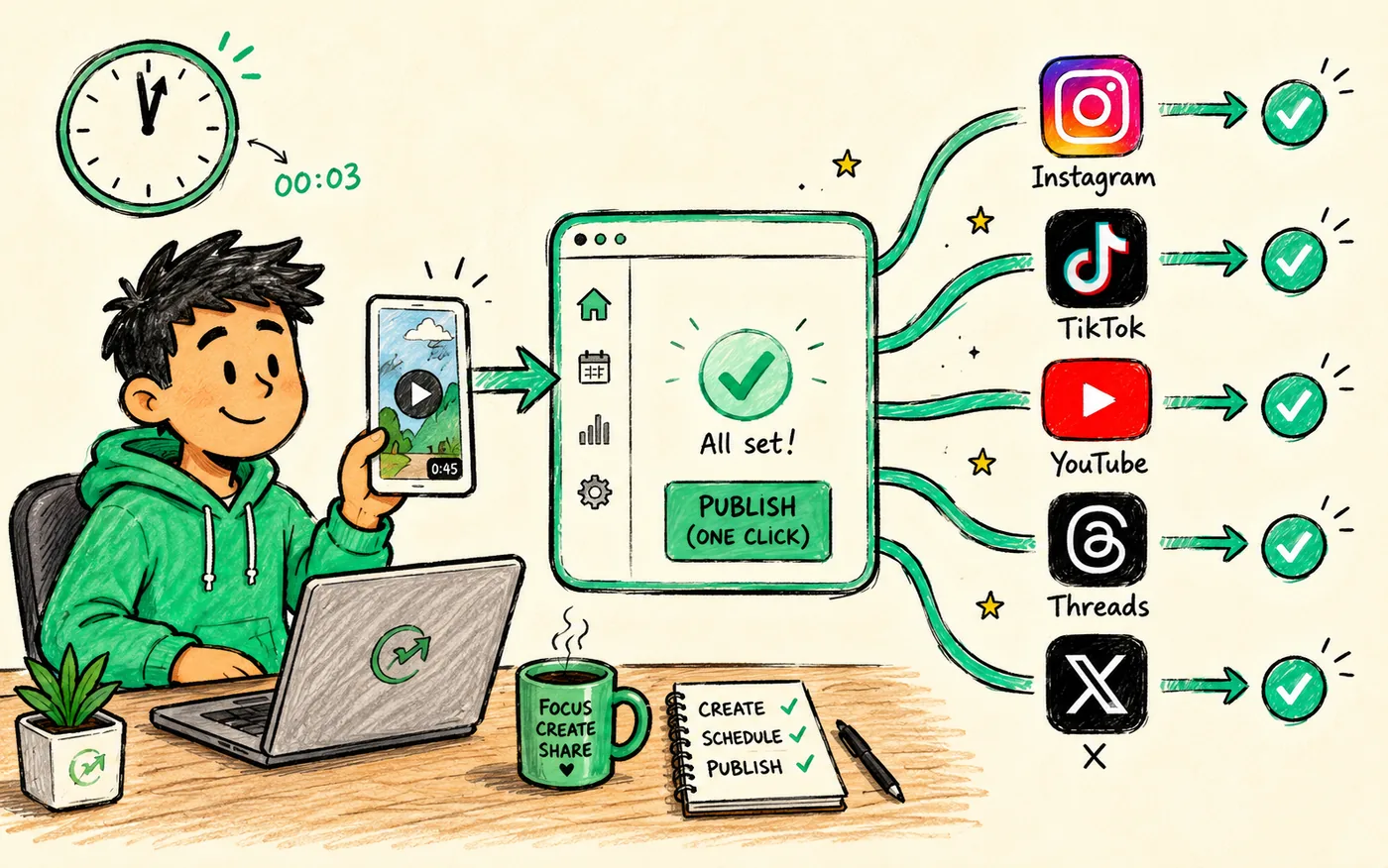 One upload fanning out to Instagram, TikTok, YouTube, Threads and X toggles
