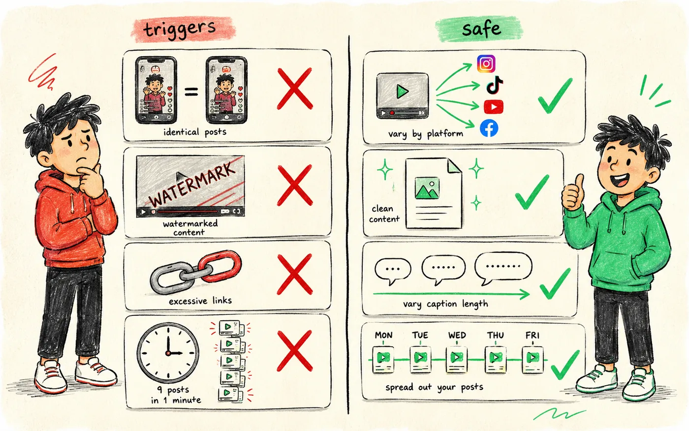A two-column checklist contrasting spam triggers with safe cross-posting habits