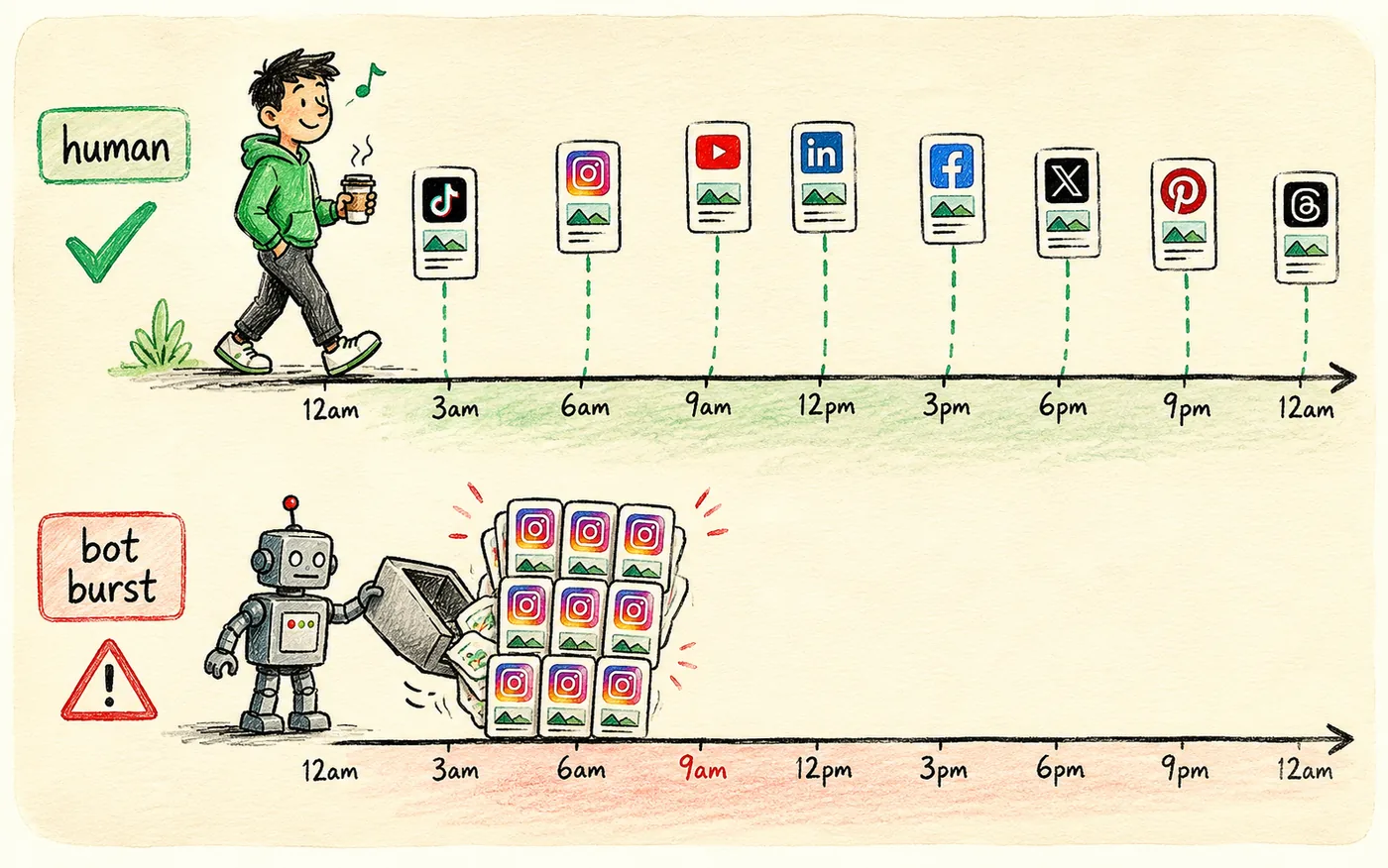 A human timeline with posts spread across the day above a robot dumping nine identical posts at 9am