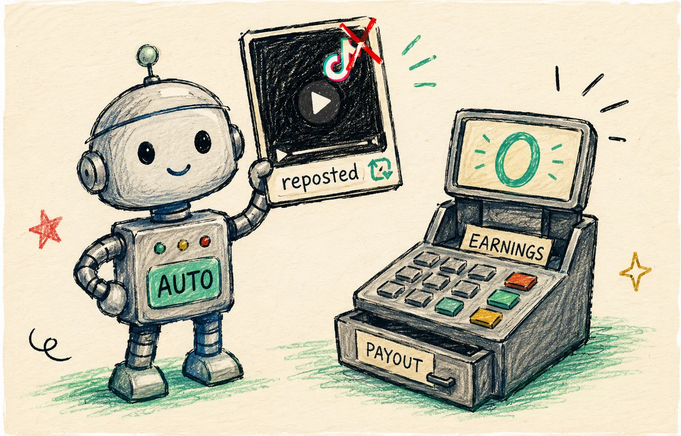 A tin robot holding a watermarked reposted video beside a cash register showing zero