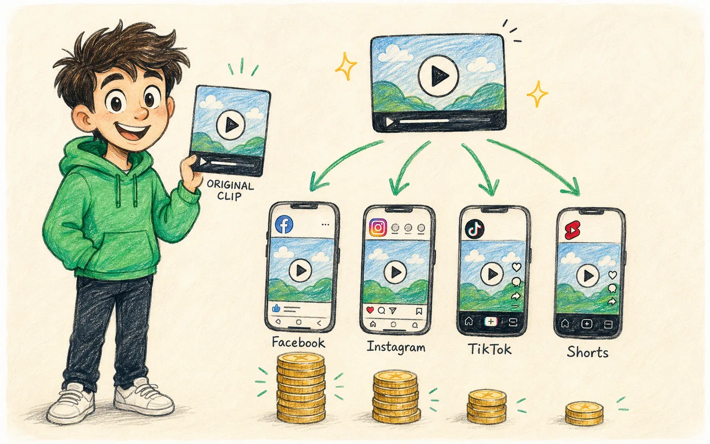 One clip fanning out to Facebook, Instagram, TikTok and Shorts with different coin stacks under each