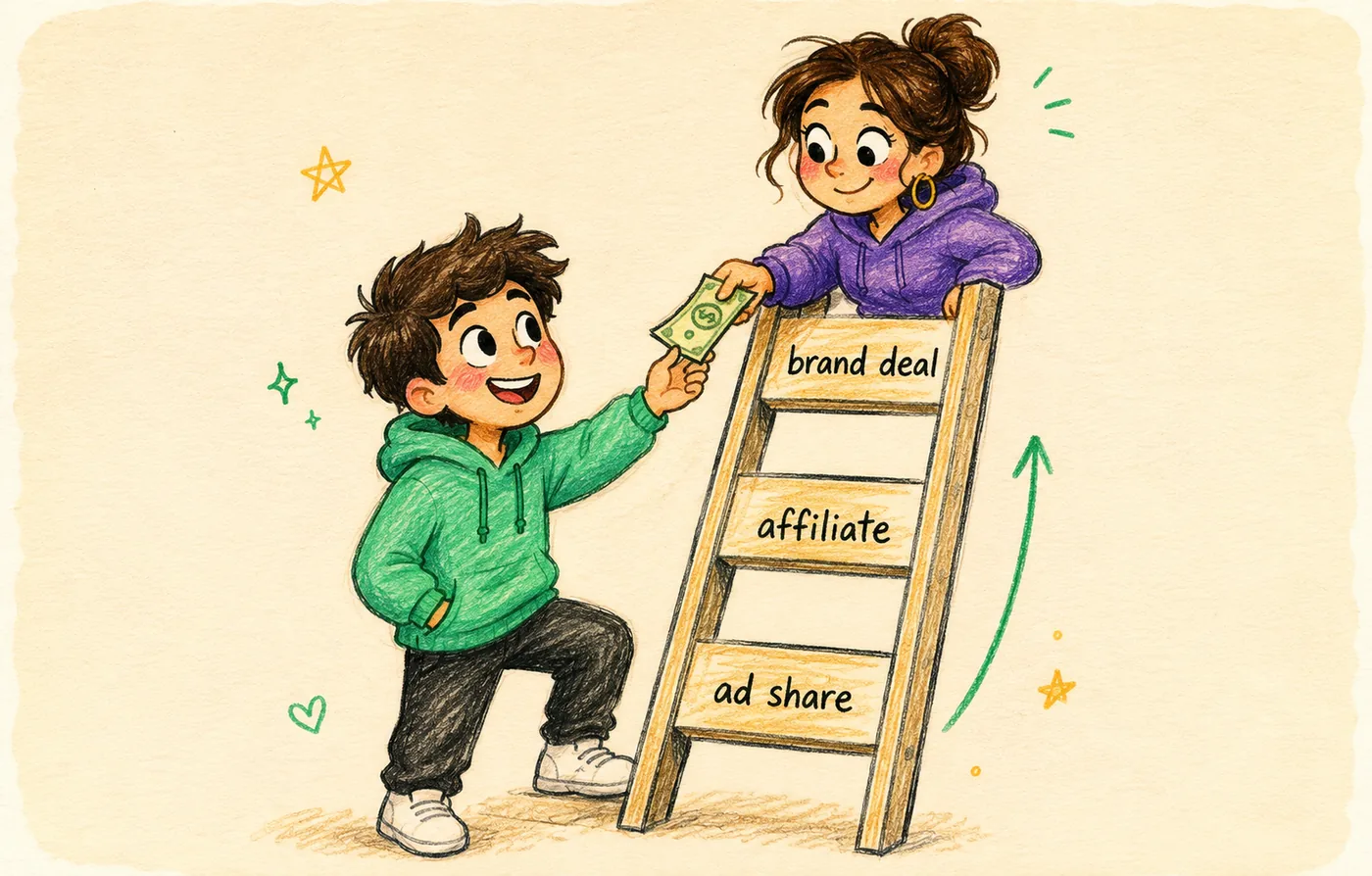 A creator climbing a three-rung ladder labelled ad share, affiliate and brand deal