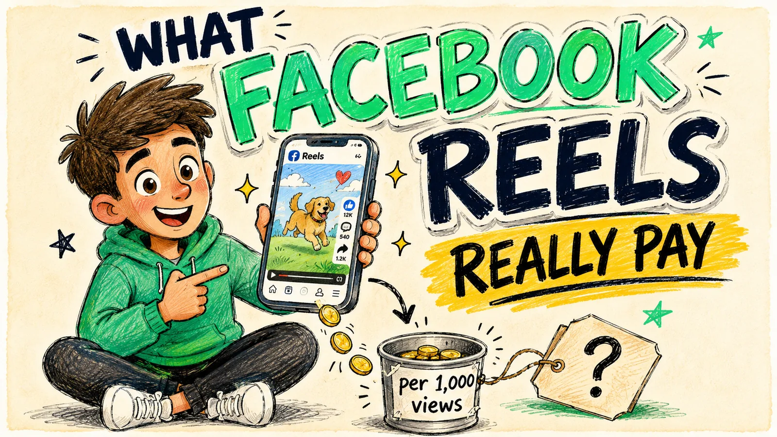 A creator watching coins drop from a phone playing a Reel, under the hand-lettered headline What Facebook Reels Really Pay