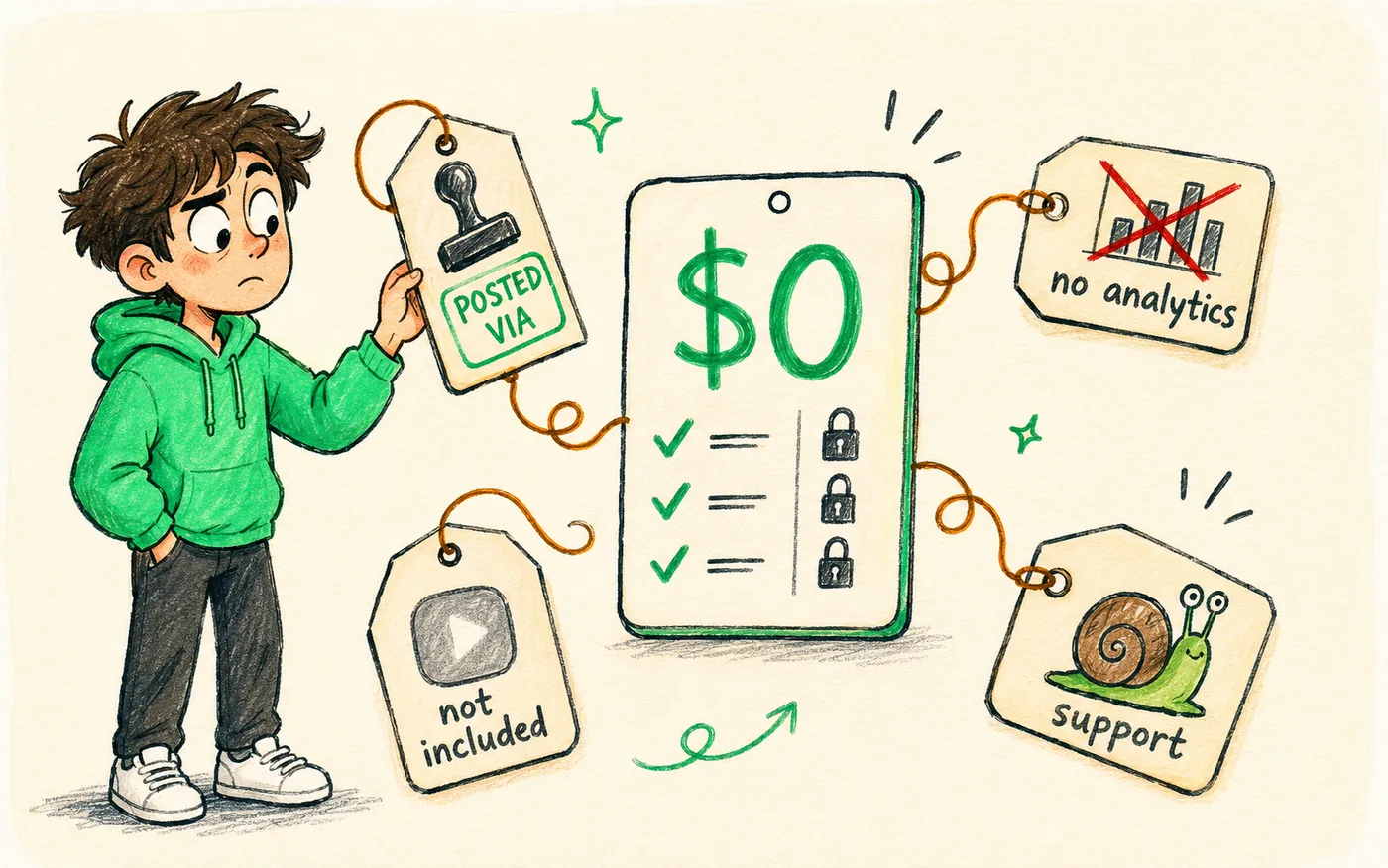 A zero-dollar plan card surrounded by footnote tags reading posted via, no analytics, not included and slow support