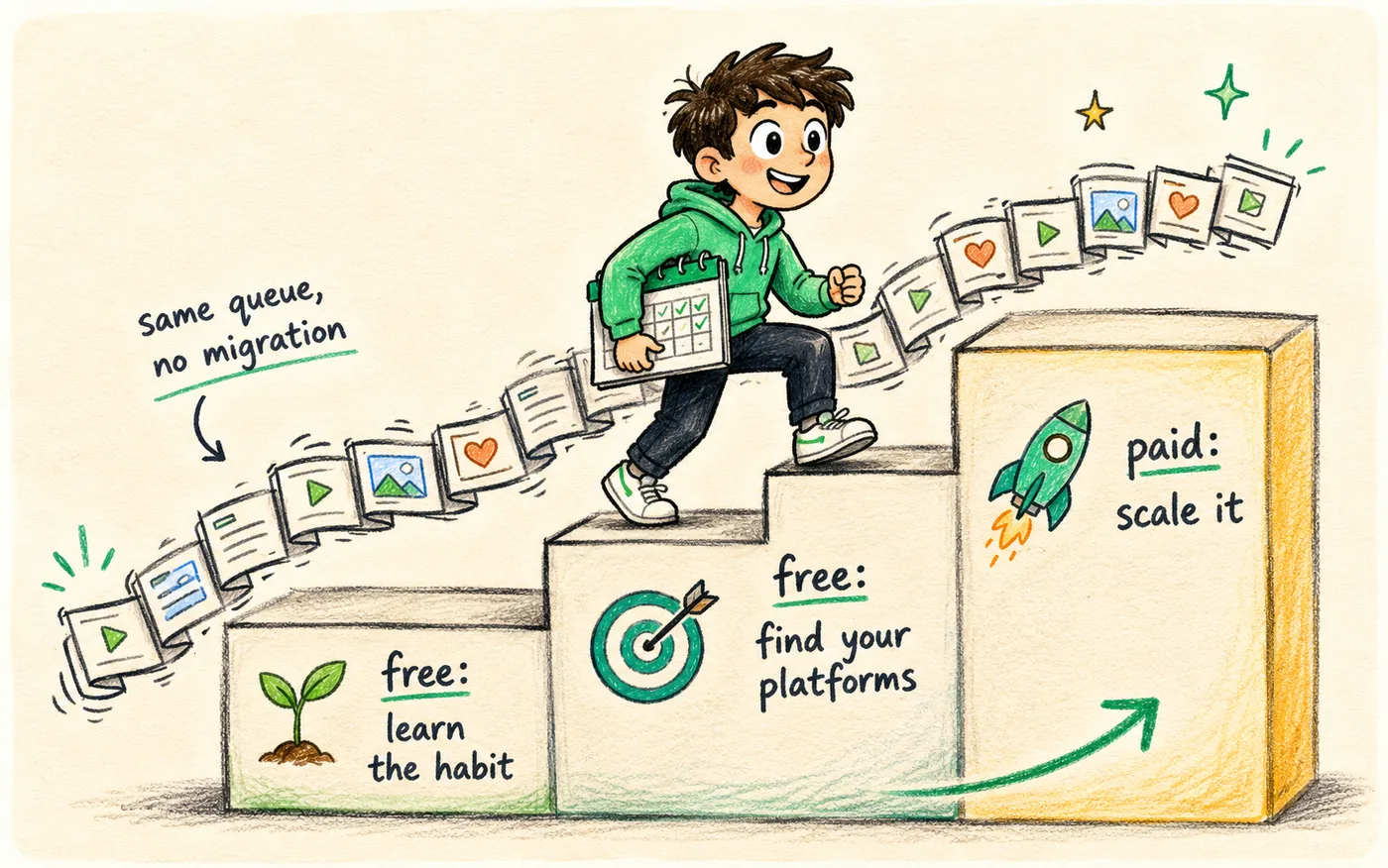 A three-step staircase from free learn the habit to free find your platforms to paid scale it, with the queue ribbon running unbroken across all three