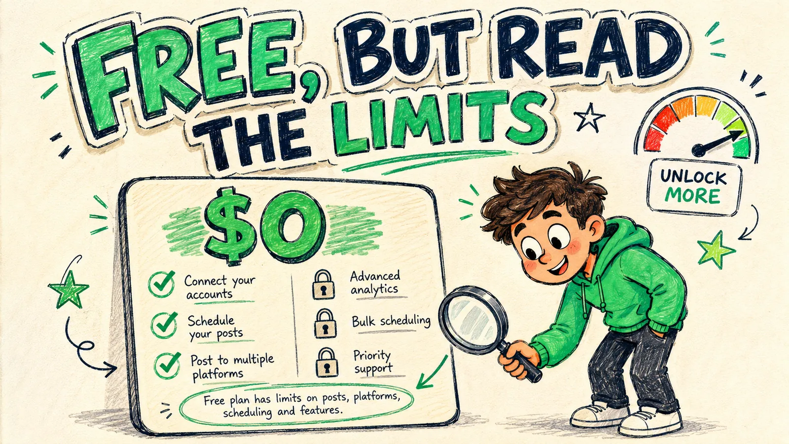 A zero-dollar plan card with three green checkmarks and three padlocked features, a creator inspecting the small print with a magnifying glass under the headline Free, But Read The Limits