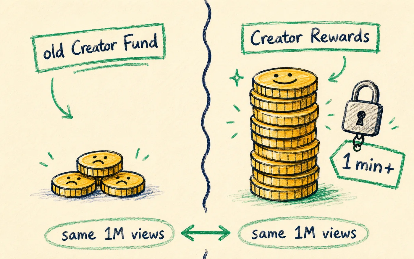 A tiny coin pile labelled old Creator Fund next to a taller stack labelled Creator Rewards