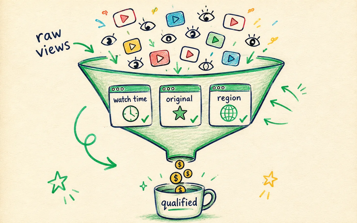 A funnel showing raw views filtered by watch time, originality and region into qualified views