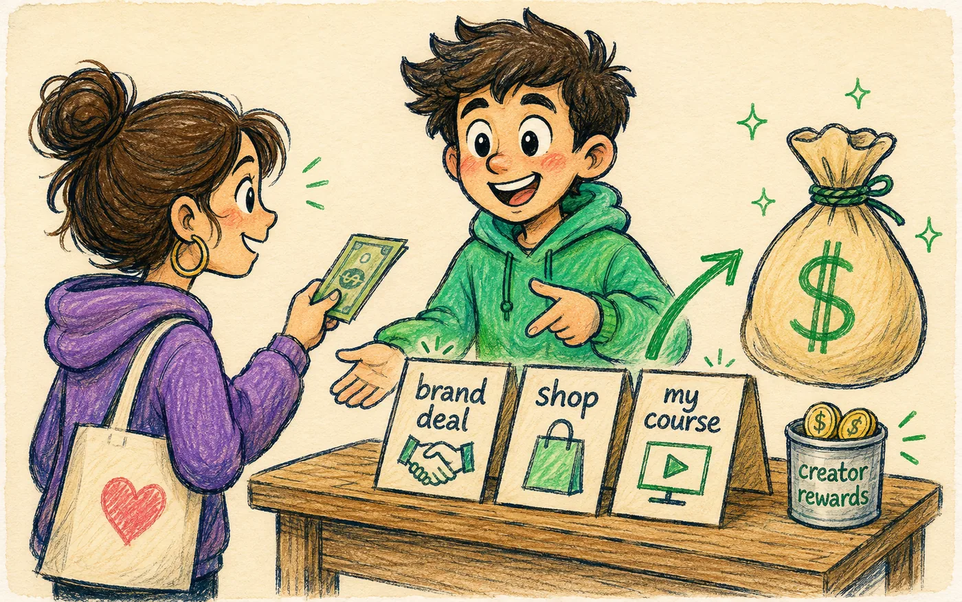 A creator at a market table with brand deal, shop and course signs beside a tiny creator rewards cup