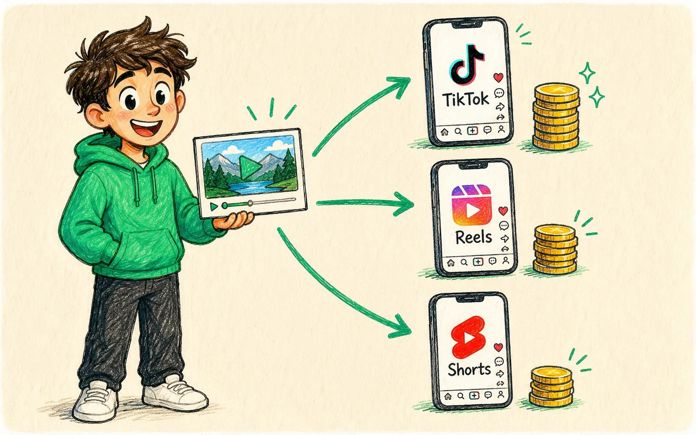 One video card fanning out to TikTok, Reels and Shorts phones each with its own coin stack