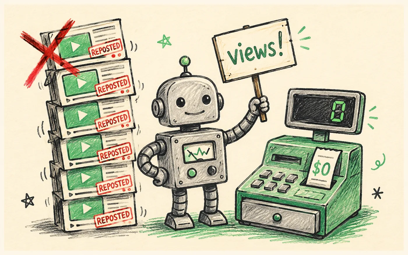 A tin robot beside a tower of reposted video cards and a cash register reading zero