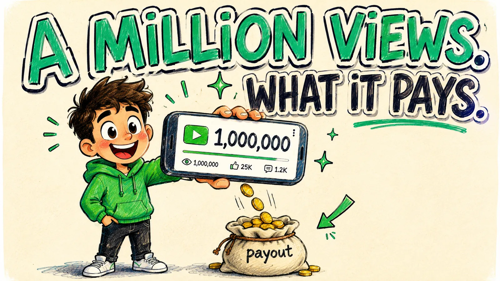 A creator holding a phone showing one million views while coins pour into a bag, under the hand-lettered headline A Million Views, What It Pays