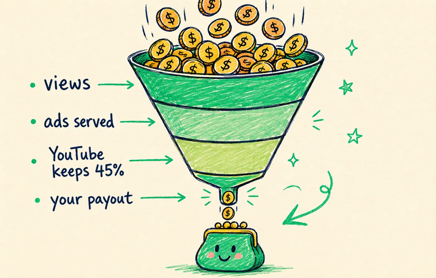A funnel from views to ads served to YouTube's 45% cut to your payout