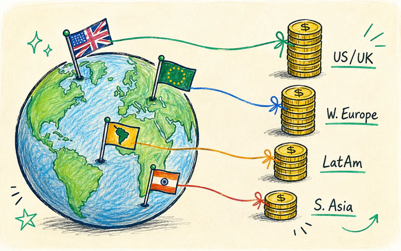 A globe with flag pins tied to coin stacks of different heights by region