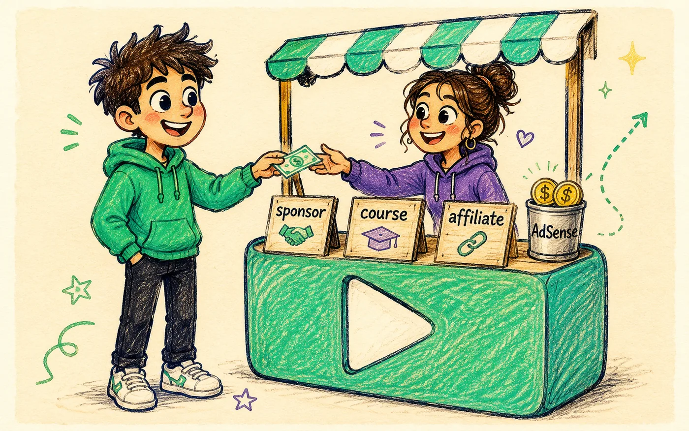 A creator running a small stall with signs for sponsor, course and affiliate beside a tiny AdSense cup