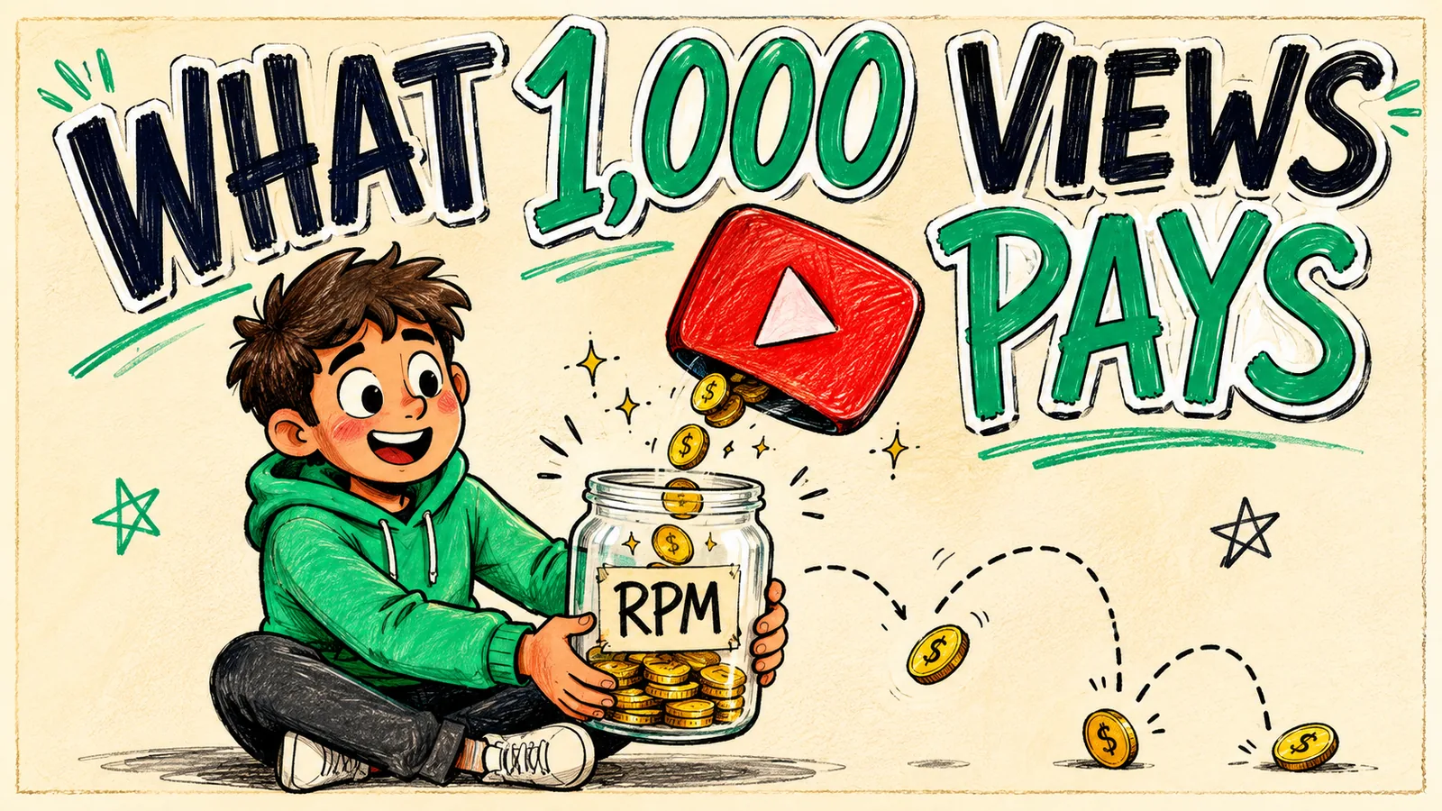 A creator watching coins drop out of a play button into a jar under the hand-lettered headline What 1,000 Views Pays