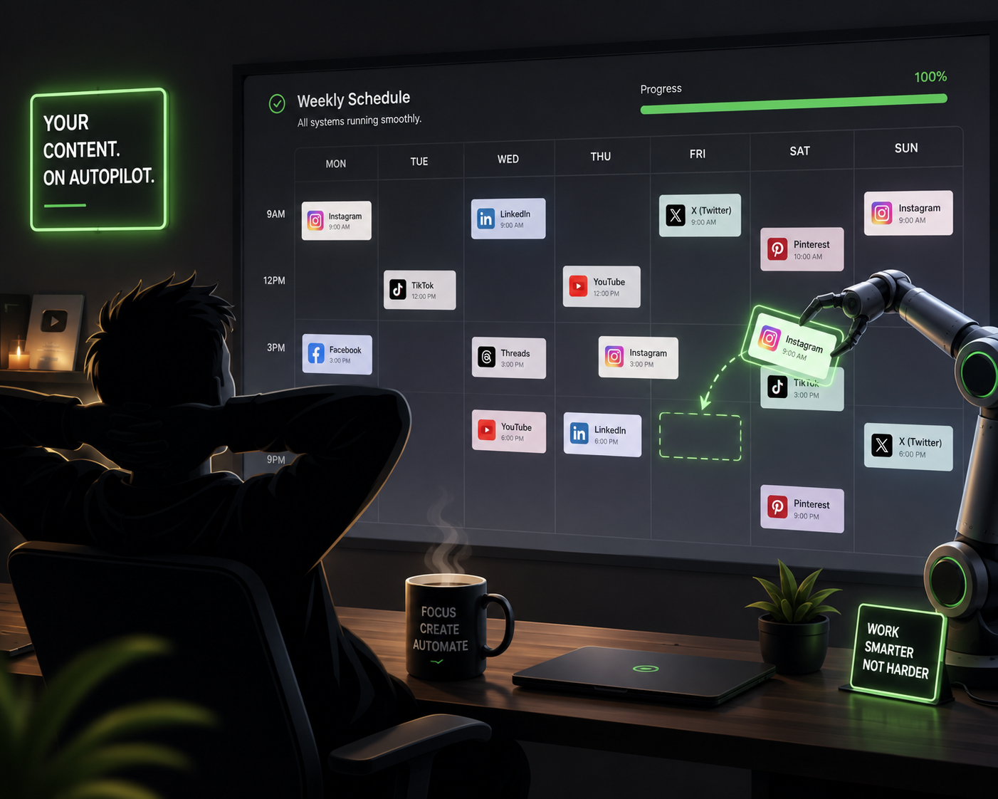 A creator's desk with a full week of posts scheduled on autopilot across nine platforms