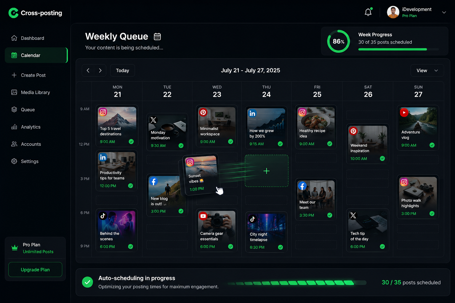 A weekly content queue with post thumbnails scheduled across seven days and every platform