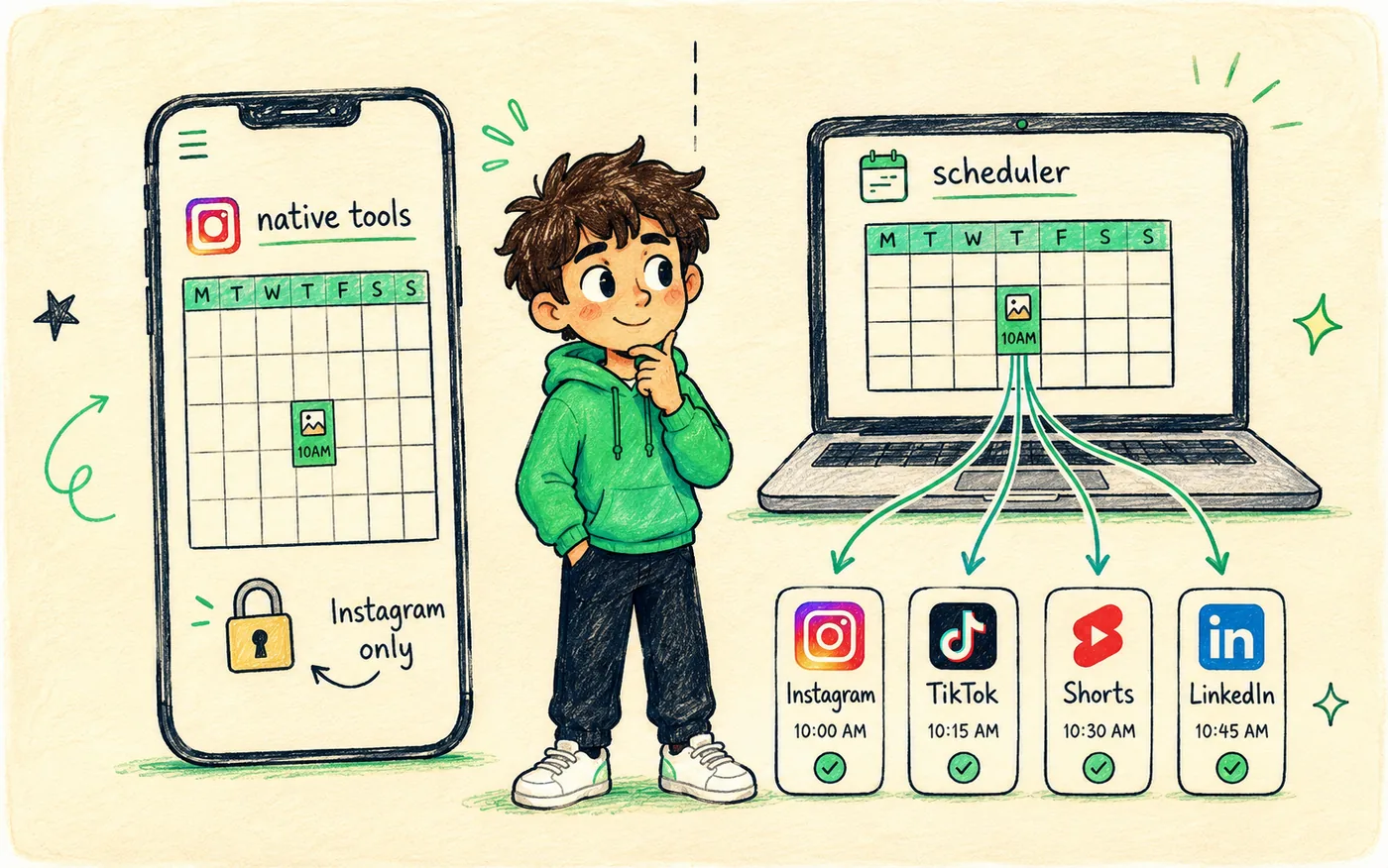 Native Instagram tools shown as a single locked calendar next to a scheduler feeding four platforms