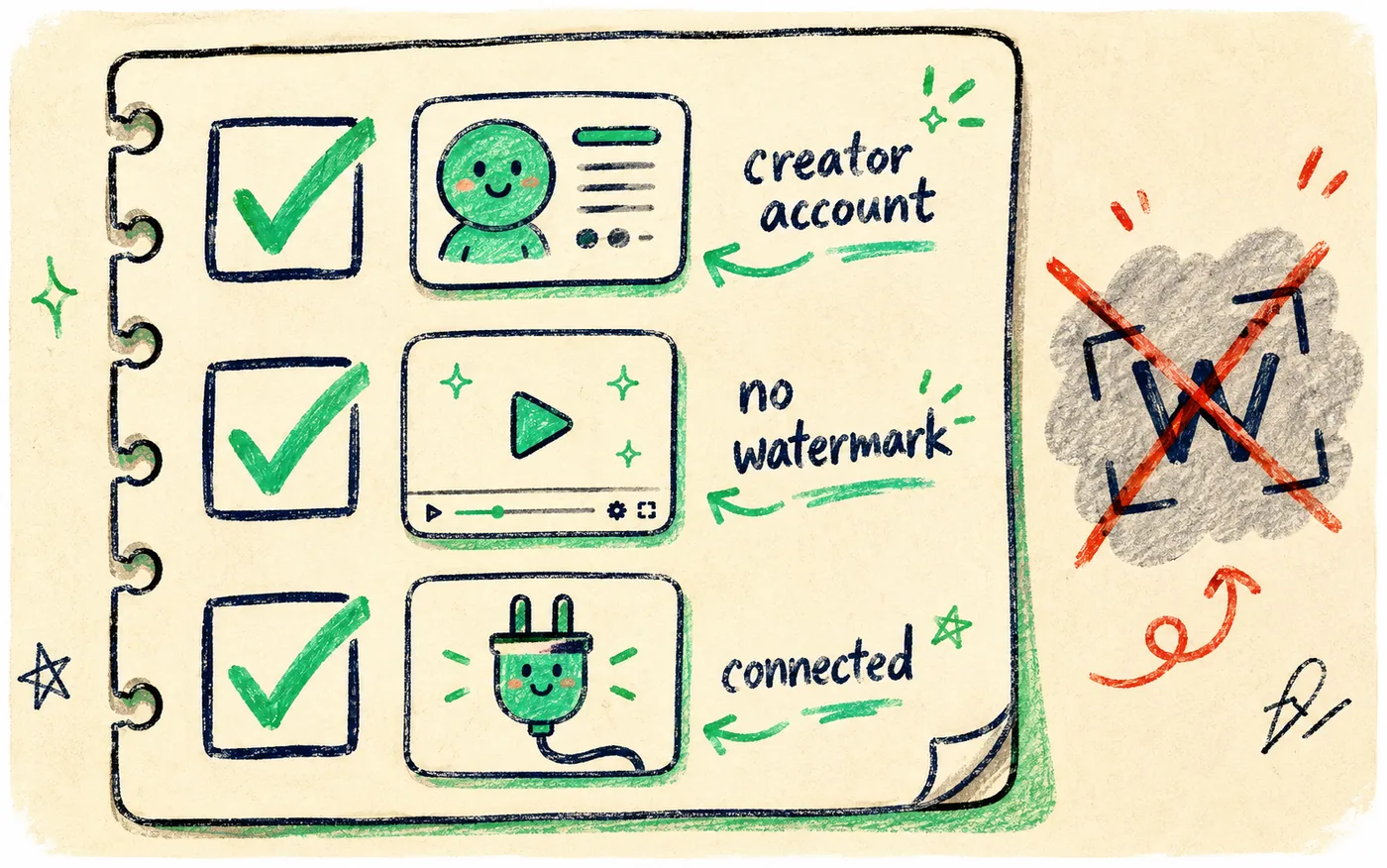 A checklist with green ticks for creator account, clean file and connected account, and a crossed-out watermark