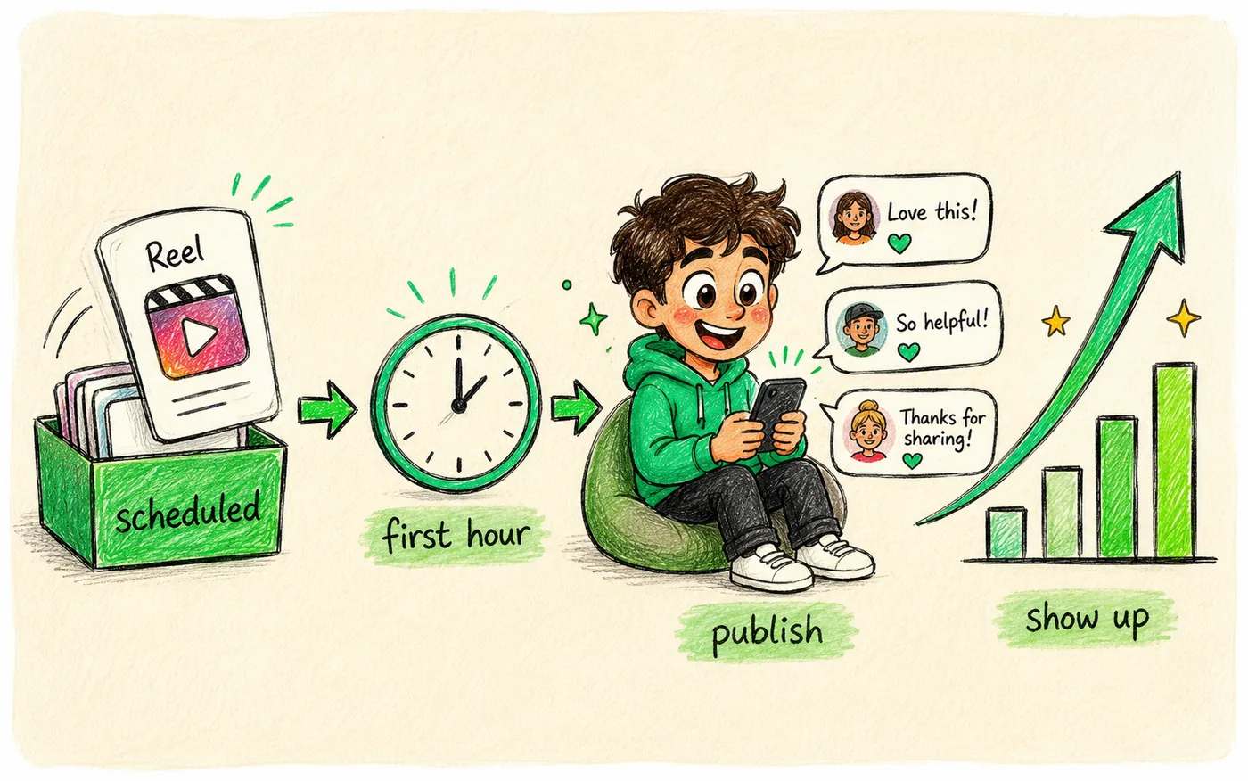 A scheduled Reel publishing, a first-hour clock, then the creator replying to comments and a rising graph