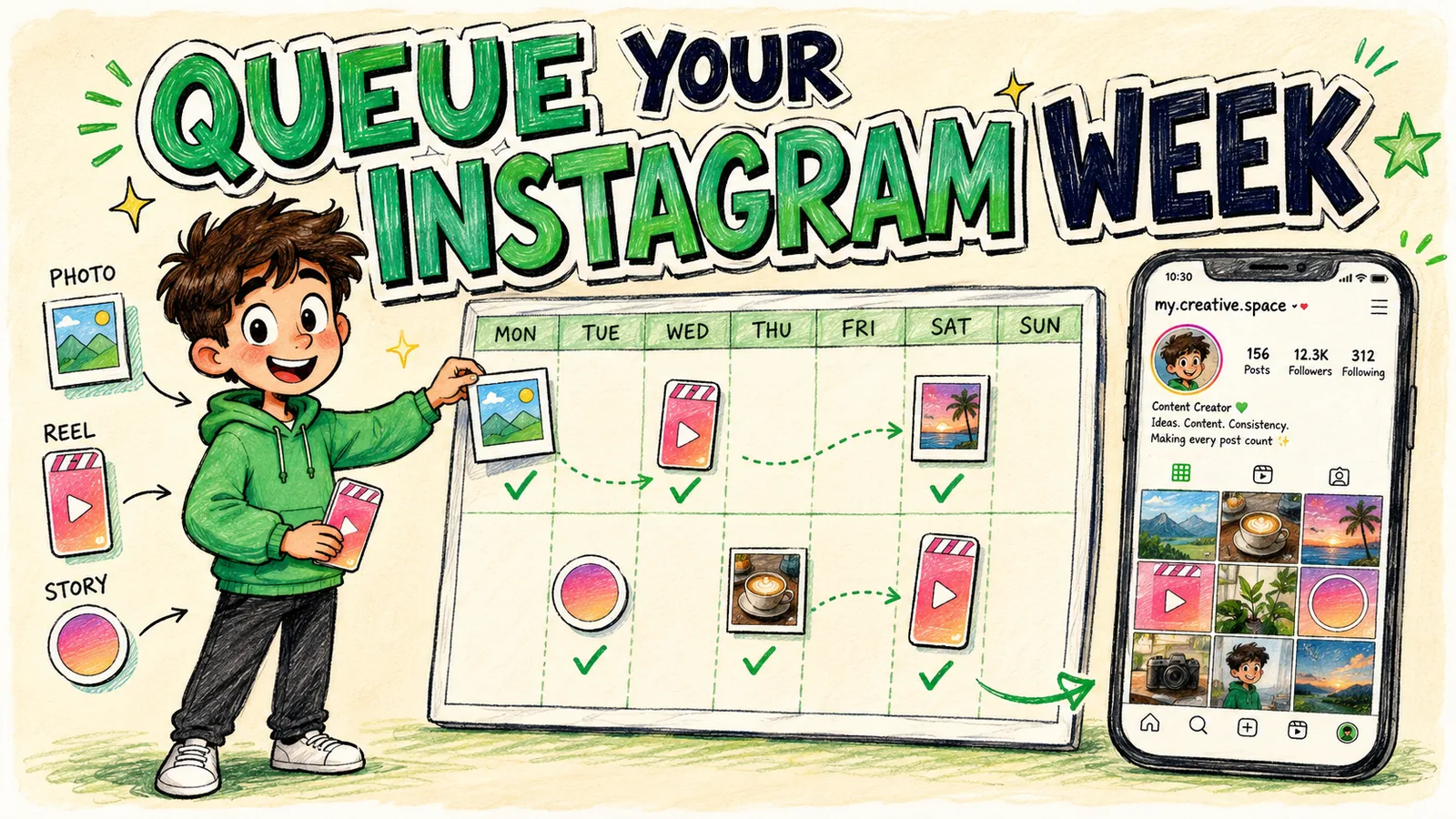 A creator dropping Instagram post, Reel and Story cards into a weekly calendar under the hand-lettered headline Queue Your Instagram Week