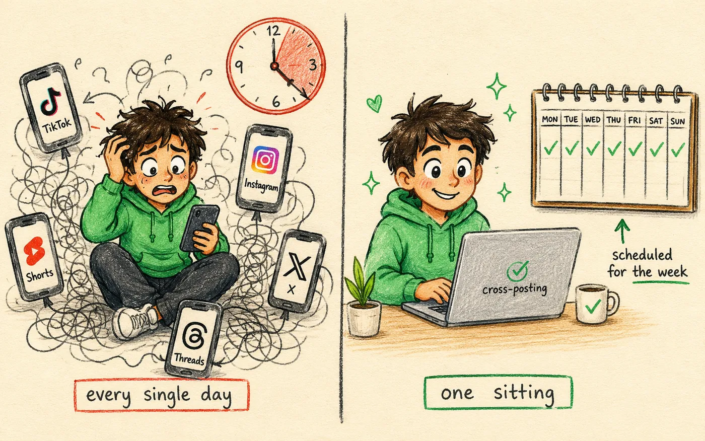 A frazzled creator tangled in five phone apps labelled every single day beside a calm creator at one laptop with a week of green checkmarks labelled one sitting