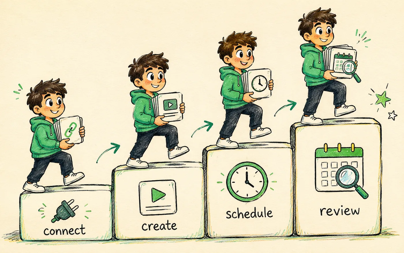 A four-step staircase labelled connect, create, schedule and review, with a creator climbing it carrying a stack of post cards