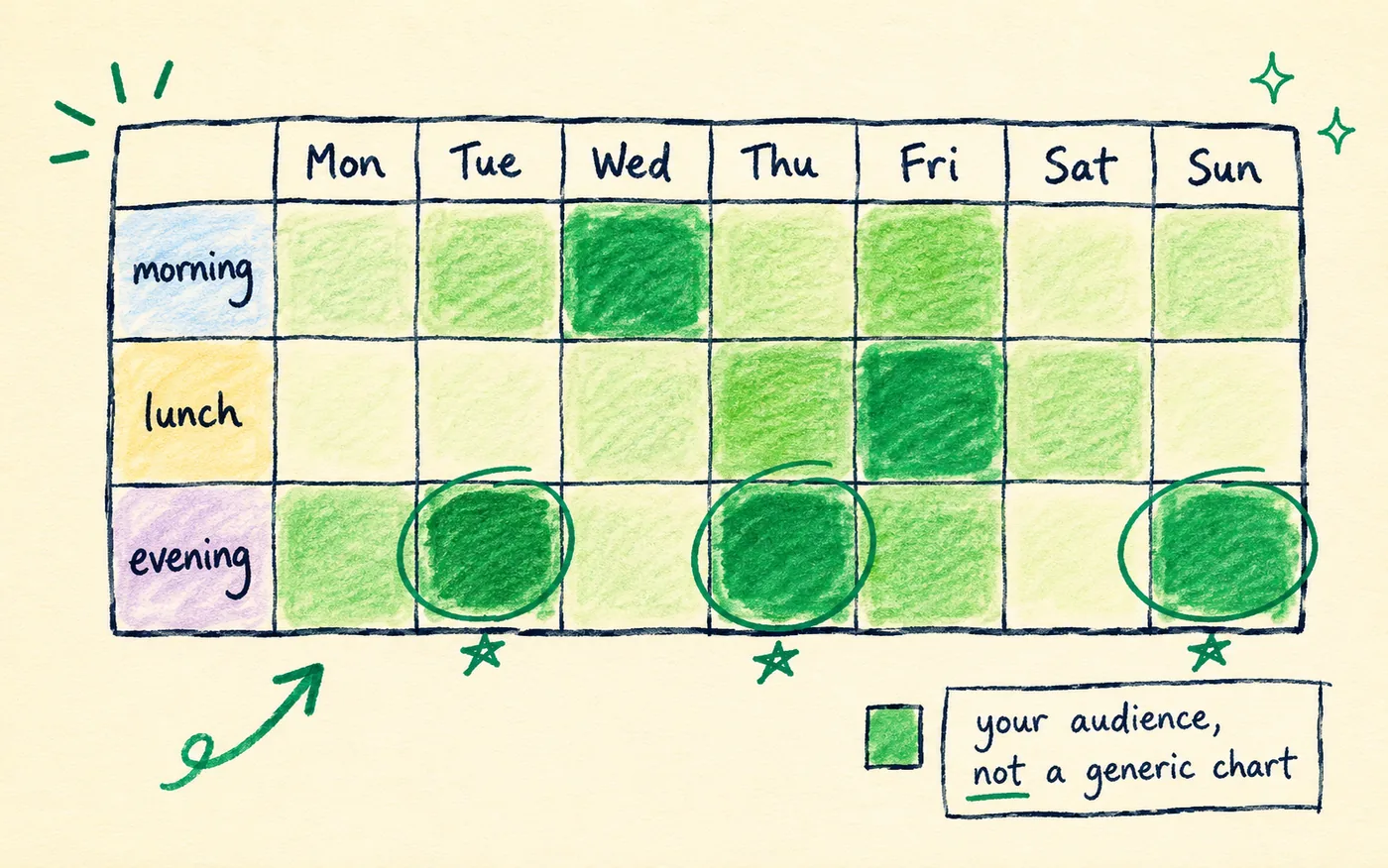 A hand-drawn weekly heatmap with morning, lunch and evening rows, the warmest cells shaded dark green and circled
