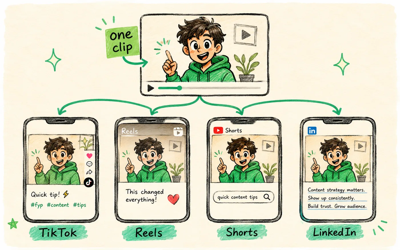 One clip at the top feeding four phone frames labelled TikTok, Reels, Shorts and LinkedIn, each with a different caption style