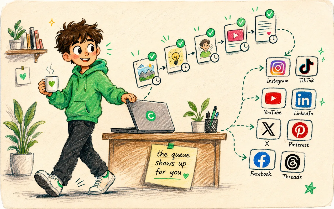 A creator walking away with a mug while queued posts flow from the laptop out to Instagram, TikTok, YouTube, LinkedIn, X, Pinterest, Facebook and Threads