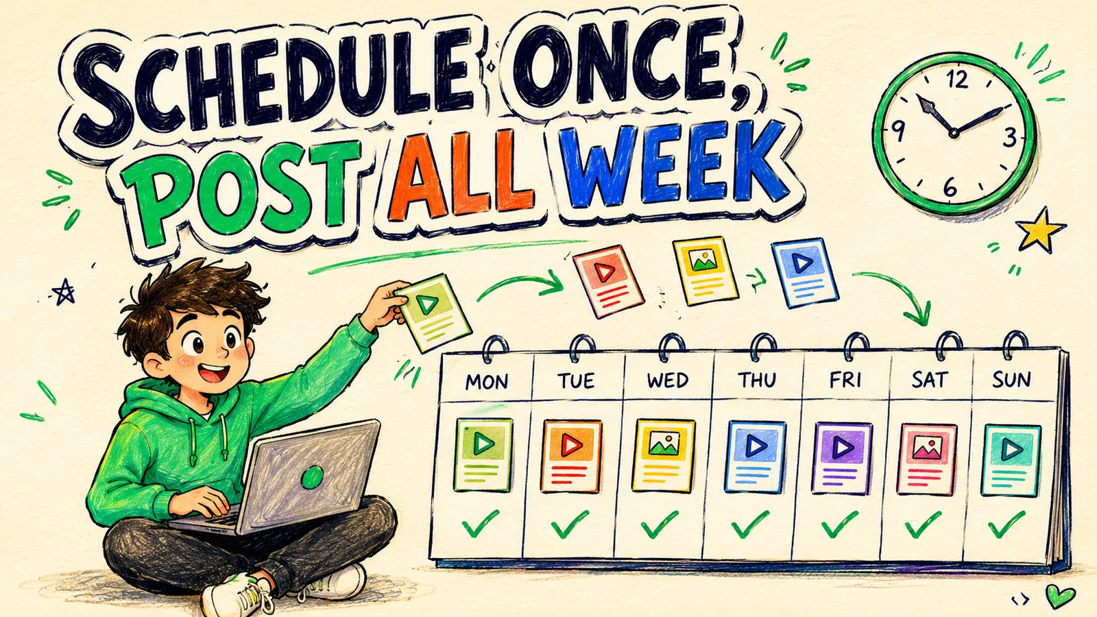A creator sitting cross-legged with a laptop, dropping colourful post cards into a seven-day calendar grid under the hand-lettered headline Schedule Once, Post All Week