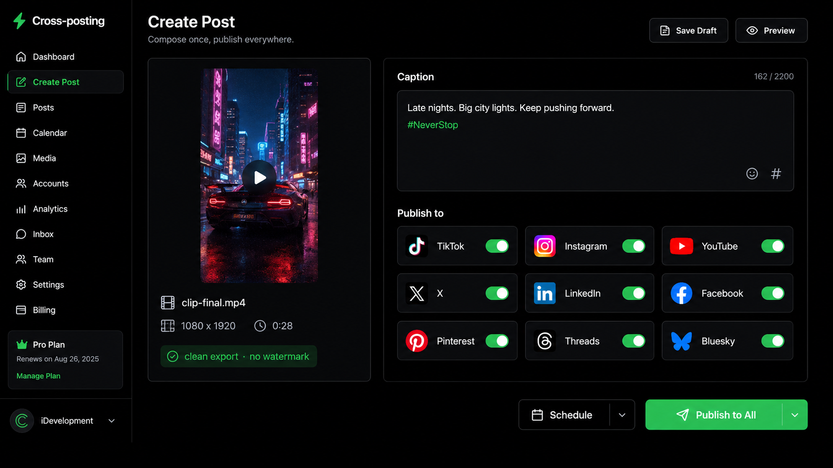 A Create Post composer with one clean video file, a caption box, and nine platform toggles switched on