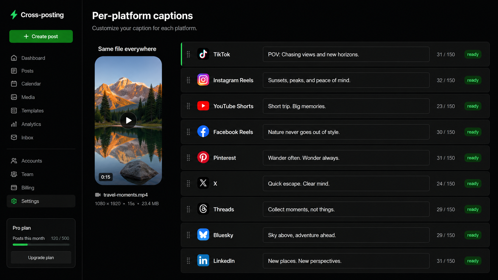 A per-platform caption editor showing the same video file with a different caption for each of nine platforms