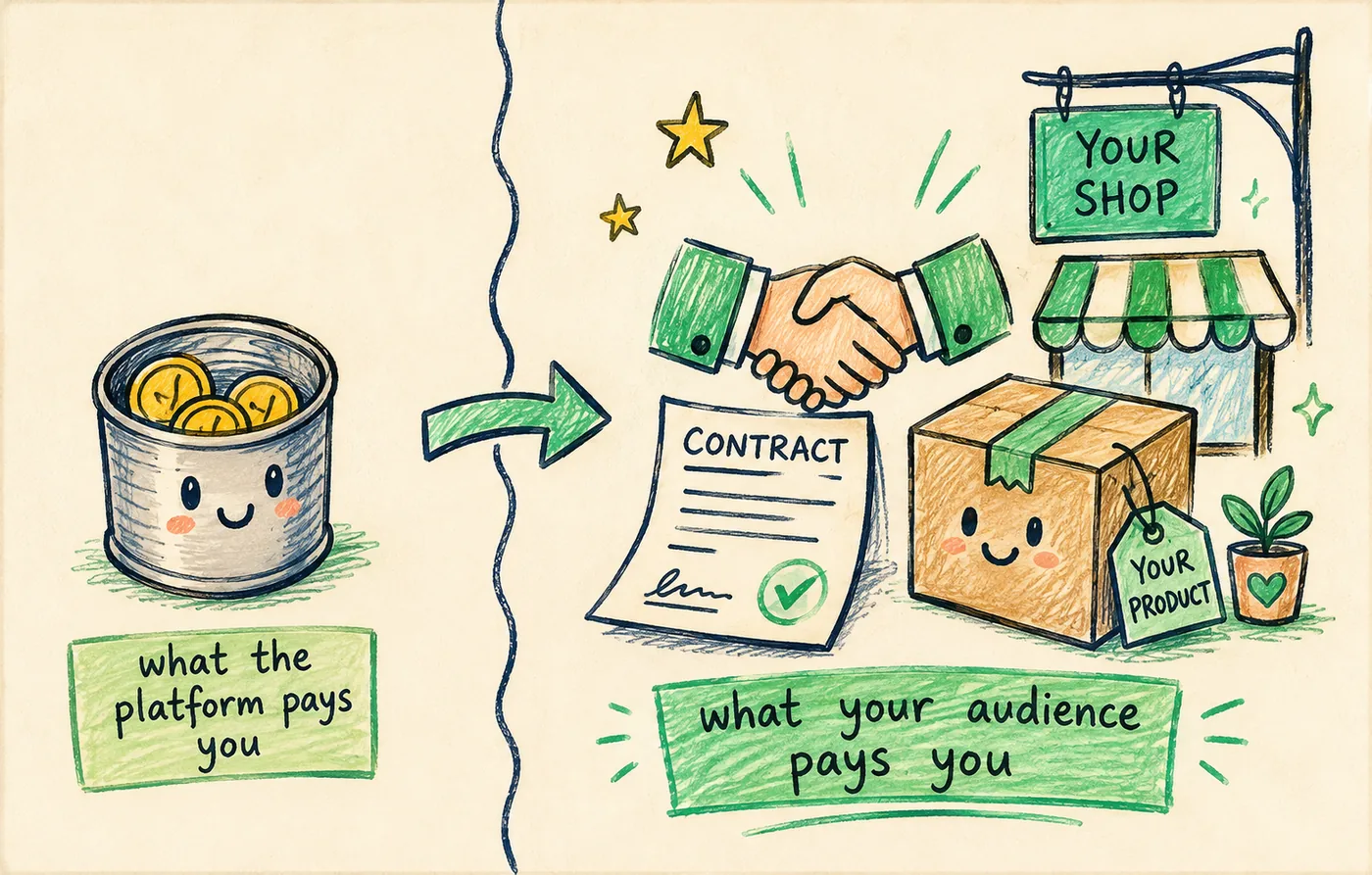 A small cup of coins labelled what the platform pays you beside a much larger scene of brand deals and products