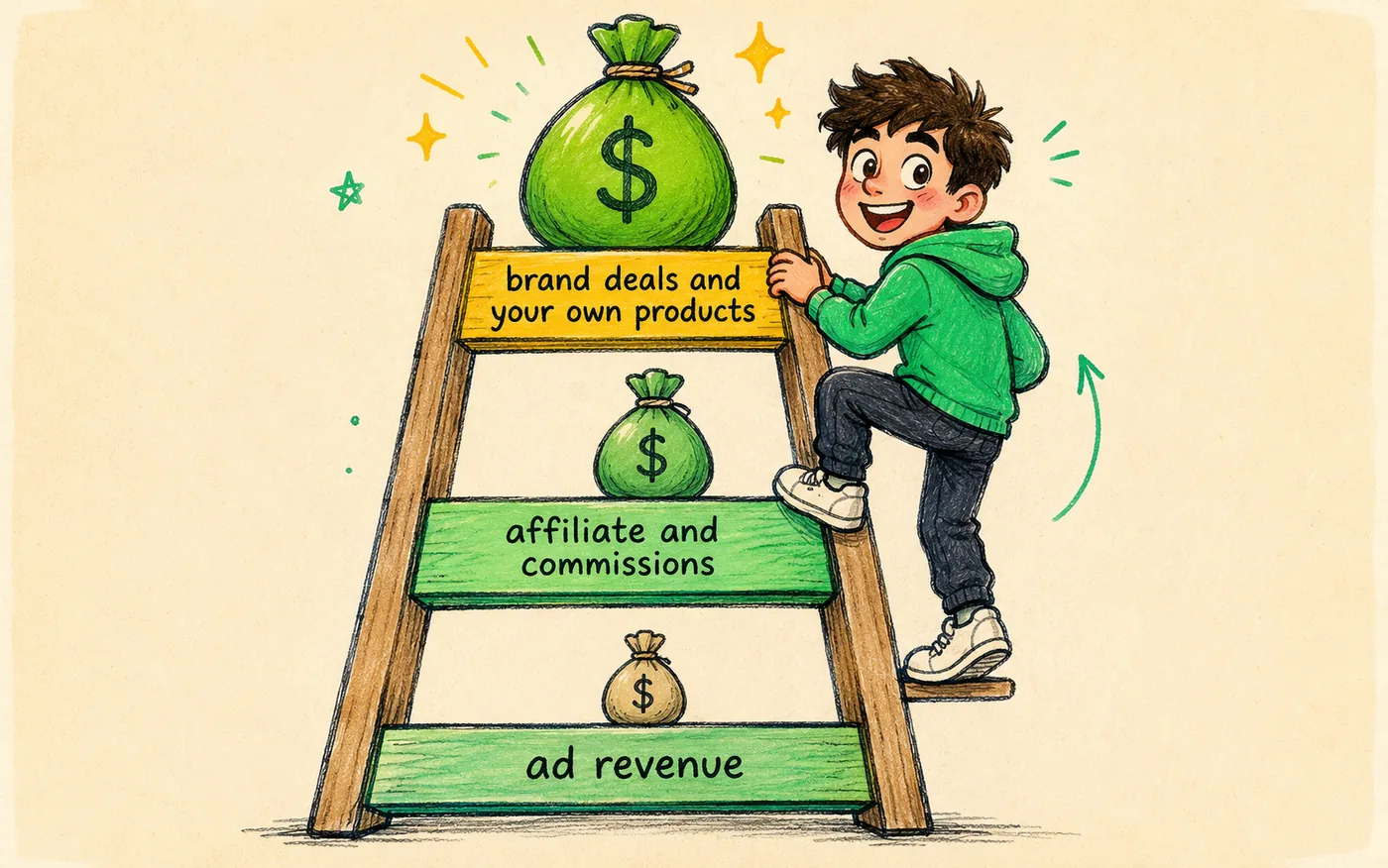 A creator climbing a three-rung ladder labelled ad revenue, affiliate and commissions, brand deals and own products