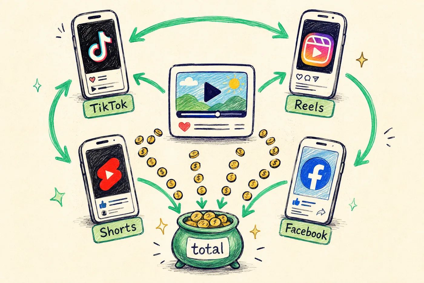 A hand-drawn flywheel of one clip feeding four platforms that each return coins to one pot