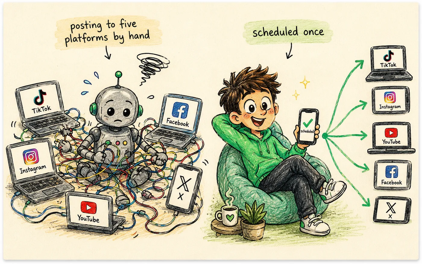 A tangled robot posting to five devices by hand beside a relaxed creator scheduling one clip to five screens