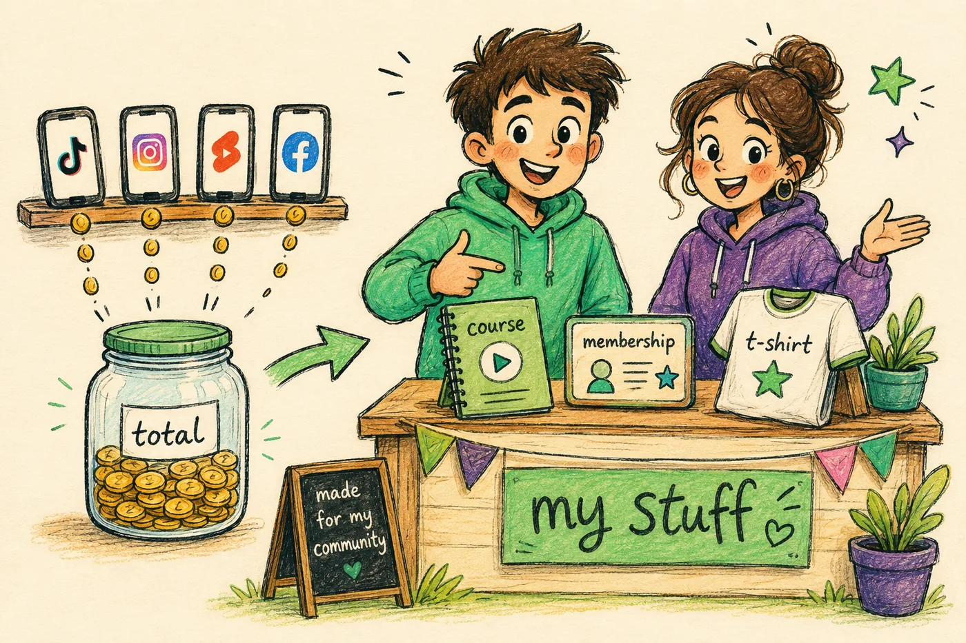 Two creators selling their own products at a stall while four phones behind them drip coins into a shared jar