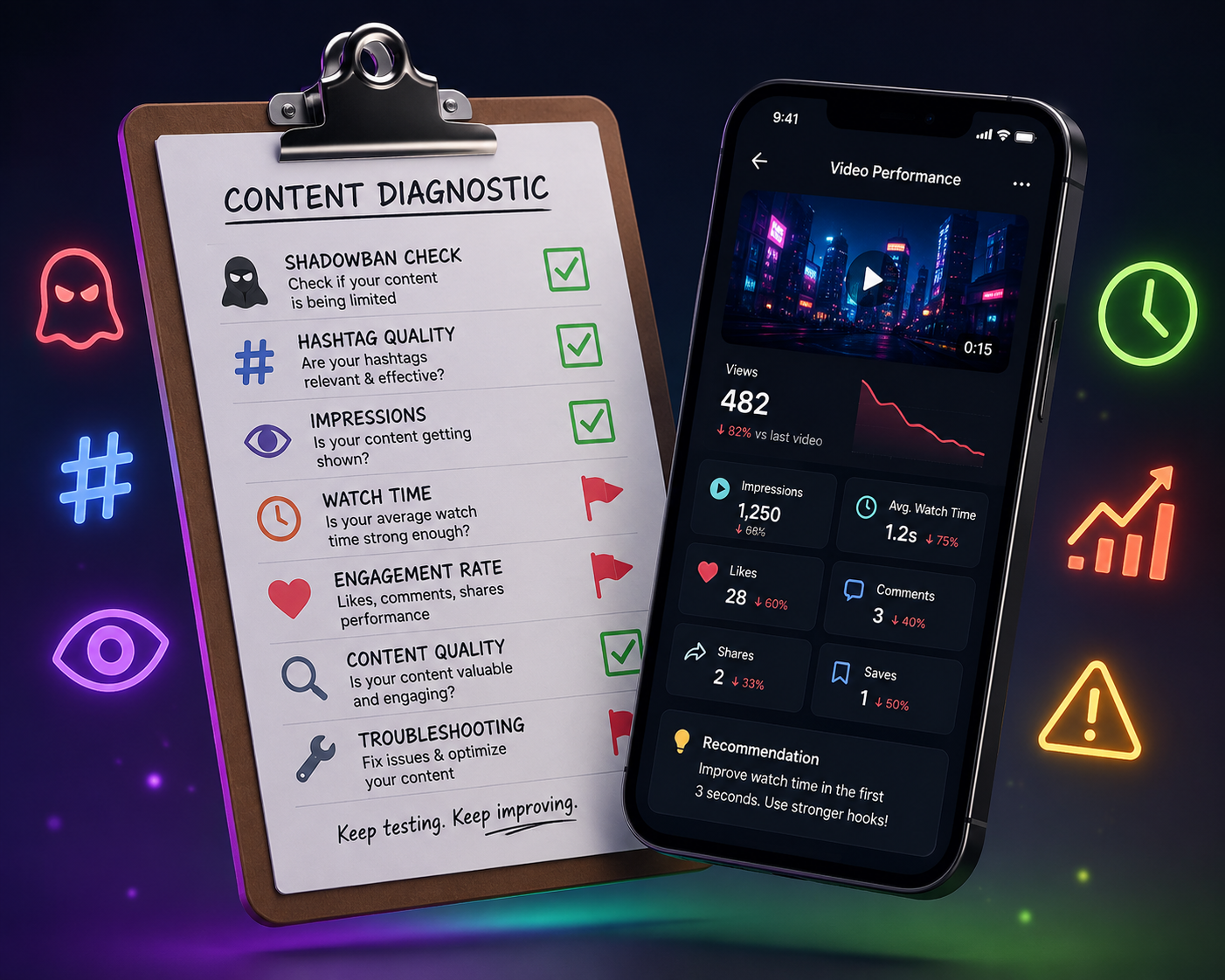 A content diagnostic checklist beside a phone showing weak video performance metrics